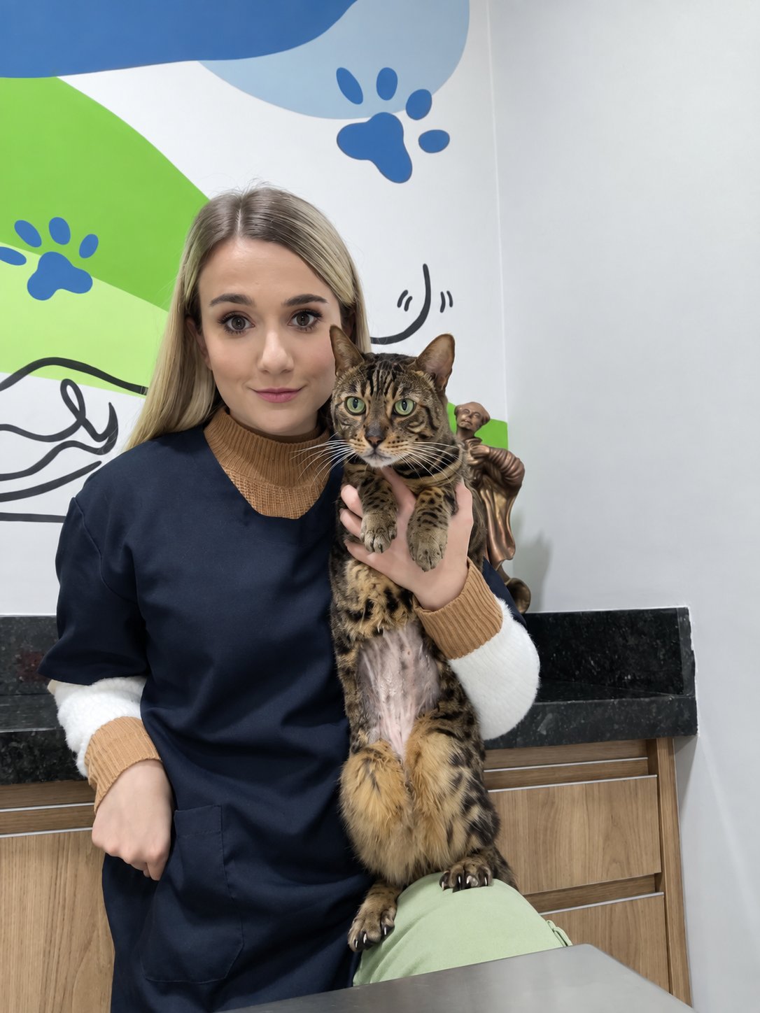 Isabela Cardia, médica veterinária, com paciente felino